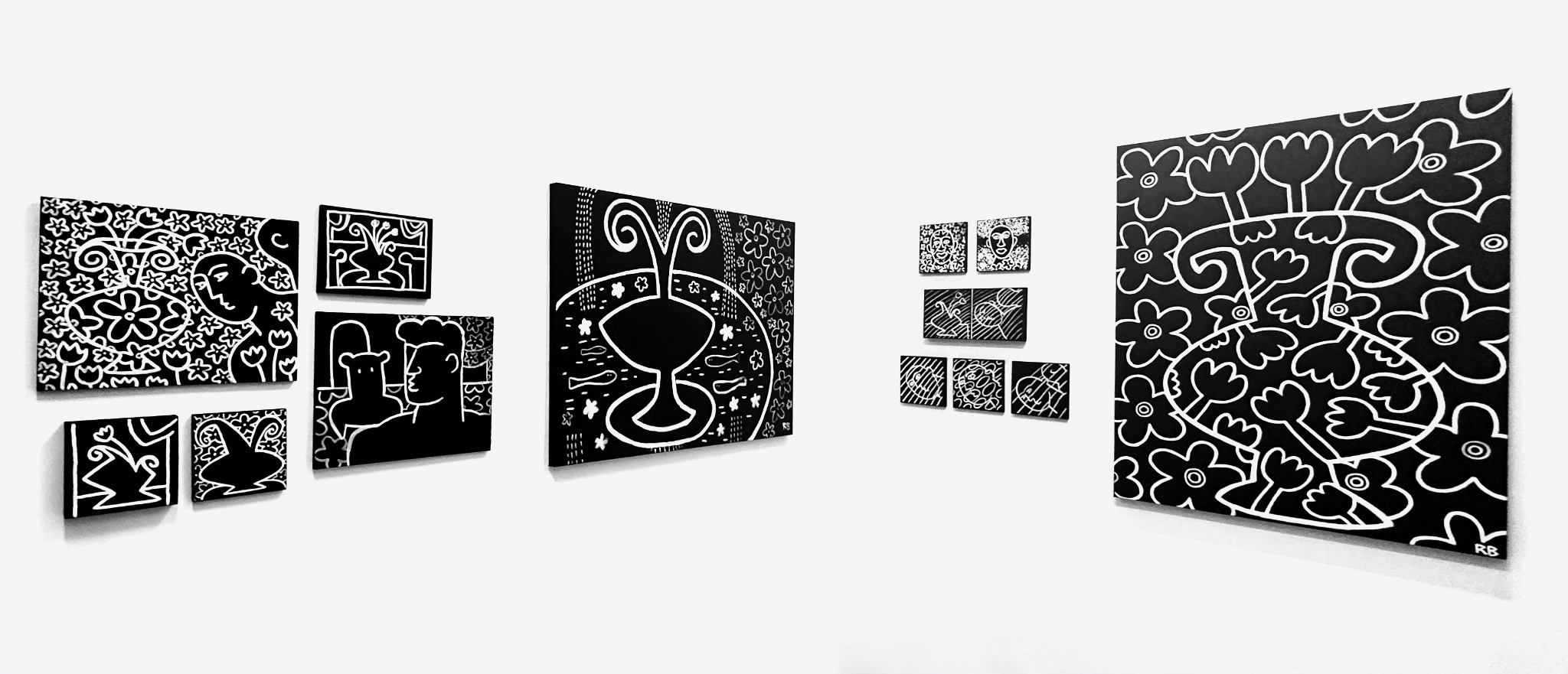Installation view, two gallery walls