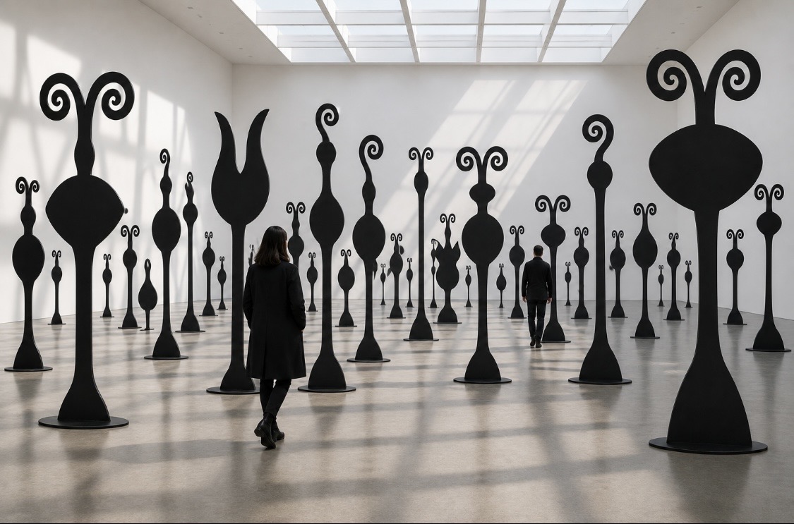 Proposal: black sculpture forest in a skylit gallery