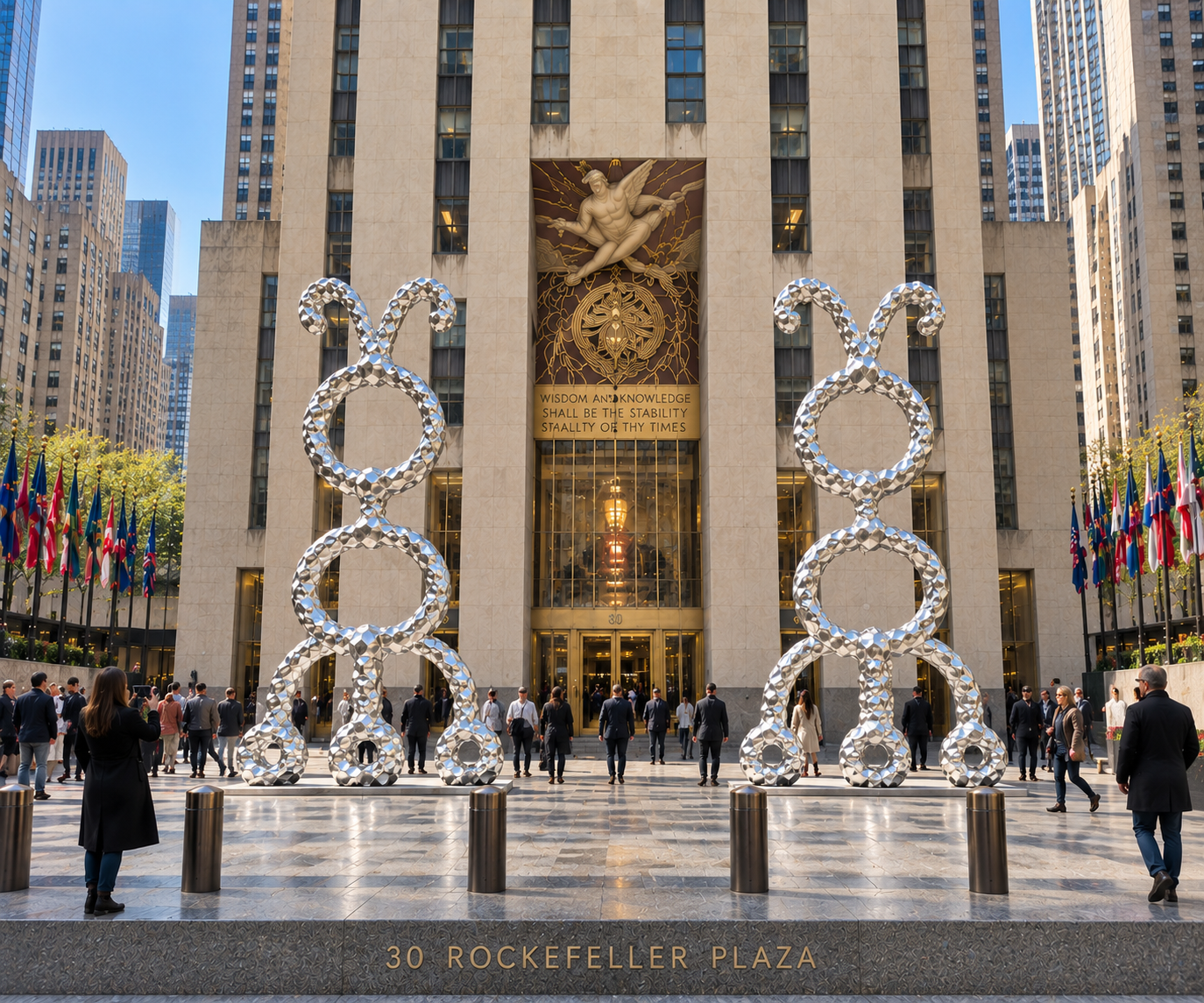 Proposal: paired mirrored sculptures at Rockefeller Plaza, daylight
