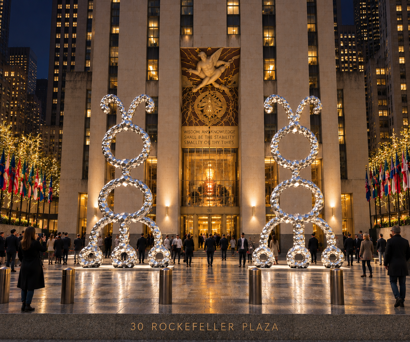 Proposal: paired mirrored sculptures at Rockefeller Plaza, evening