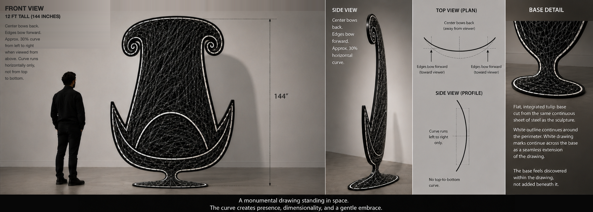 Chair presentation board: front view, side view, top view and base detail