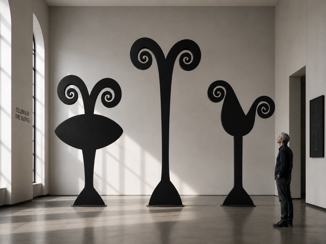 Proposal: three black figures in a daylit room