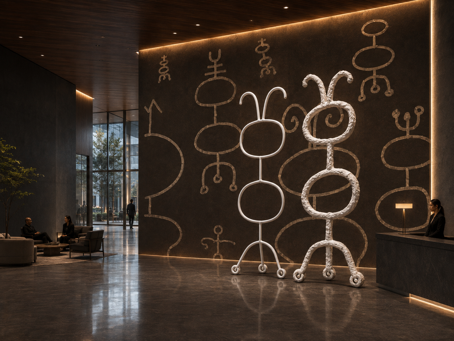 Proposal: white looped figures in a dark lobby with patterned stone wall