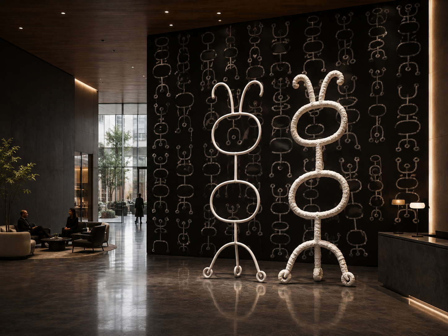Proposal: white looped figures against a dark patterned wall