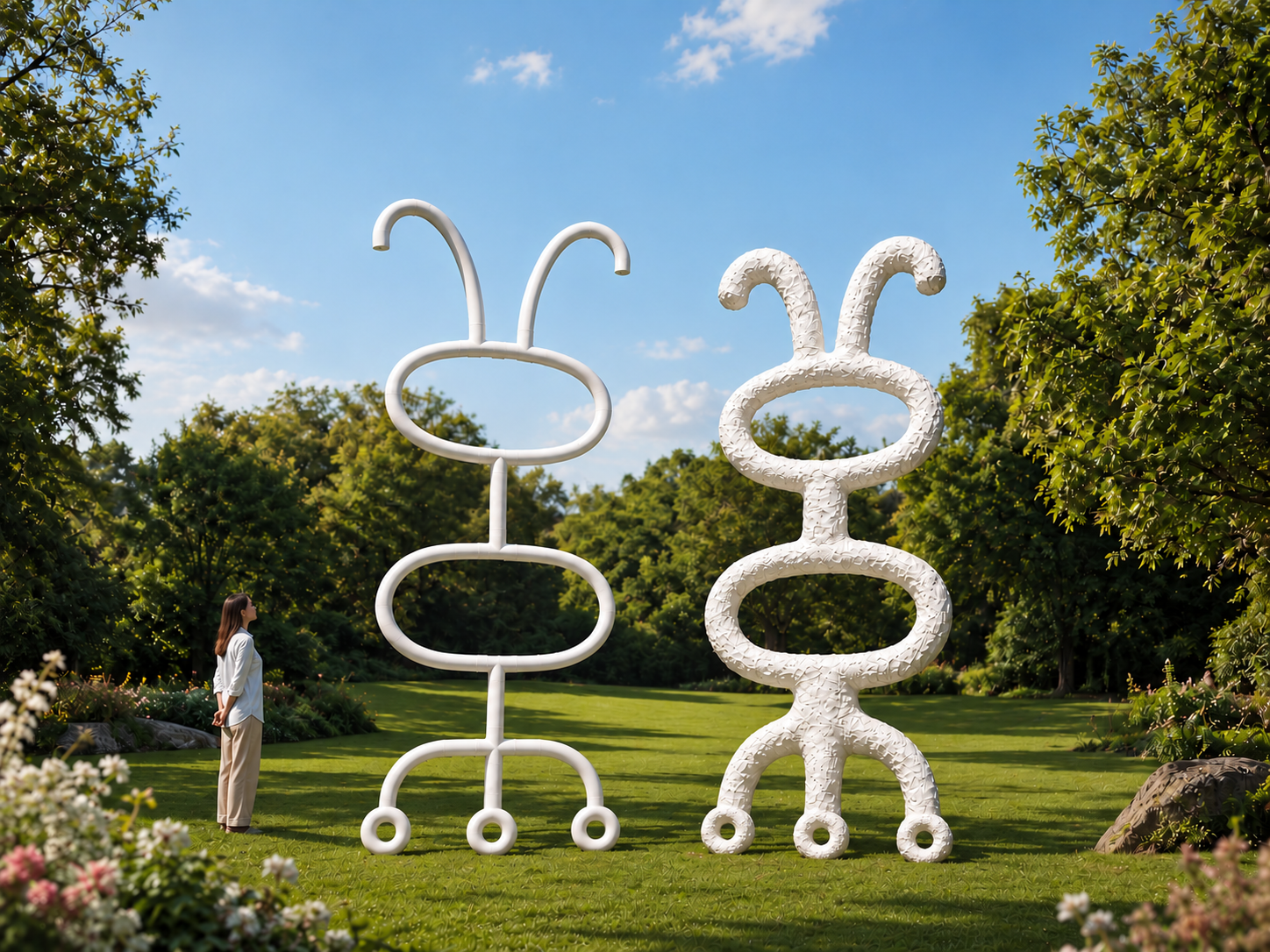 Proposal: two white figures in an outdoor garden