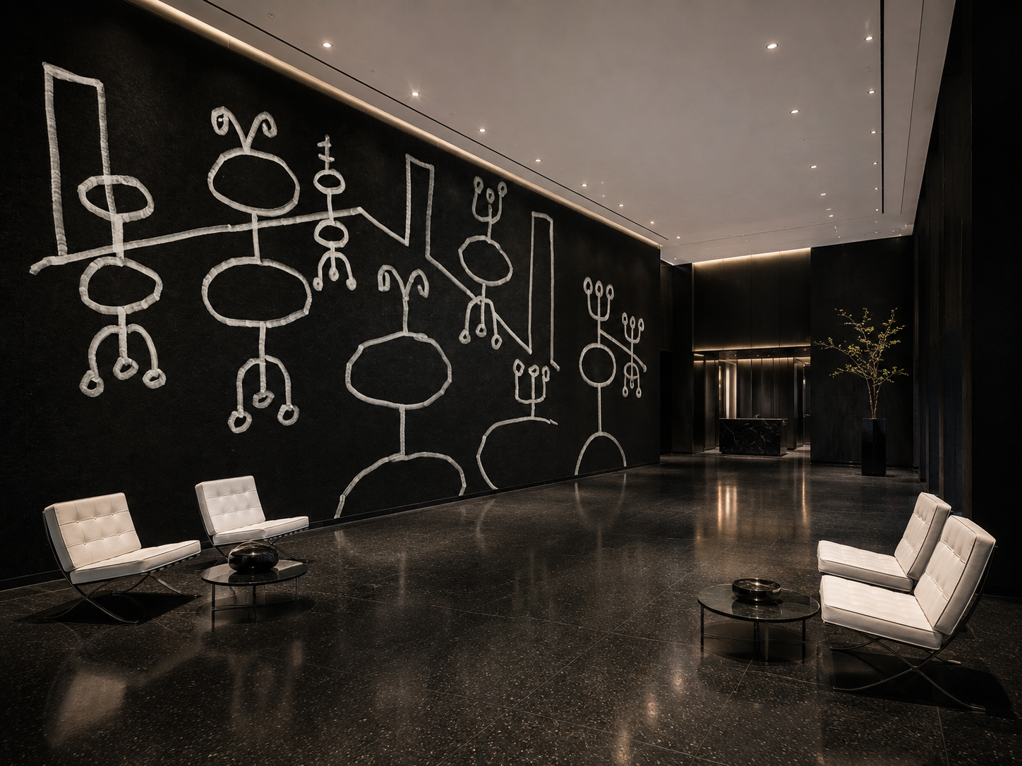 Proposal: reception hall with white line figures on a black wall