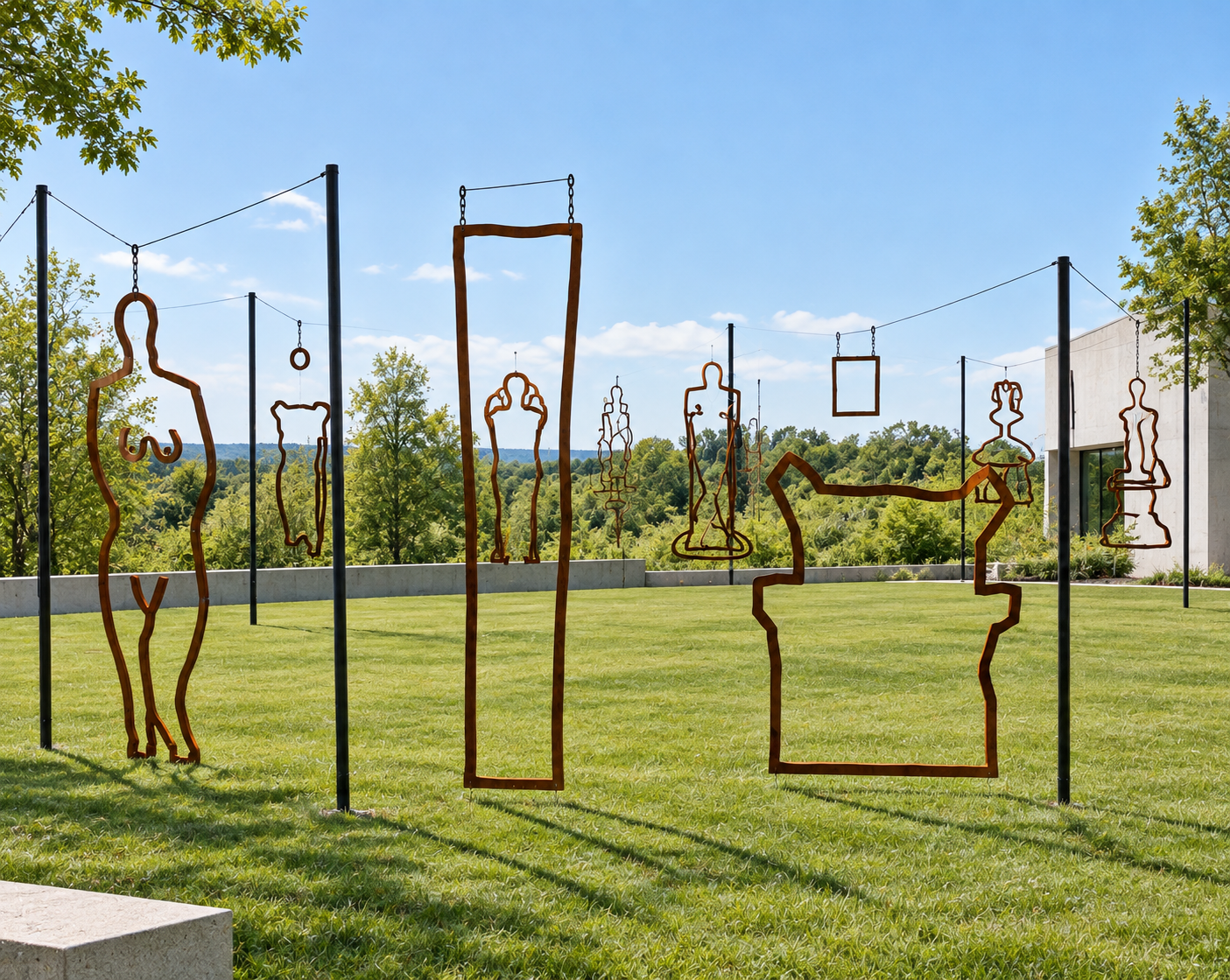 Proposal: suspended rust-steel outline figures in a field